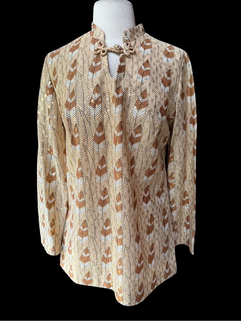 1970s Feather Damask Gold Lurex Mandarin Collar Frog Closure Tunic Blouse